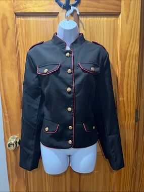 Beautiful Oshoplive Black Military-Style Jacket with Red Piping